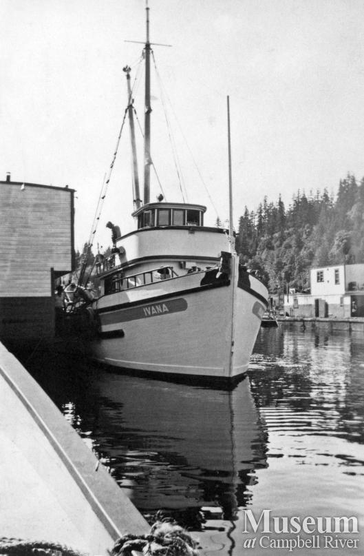 Camp Scow and BC Packers Seiner, "Ivana", at Quathiaski Cove, 1949