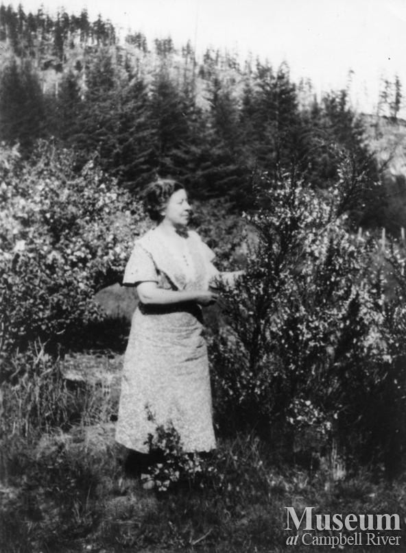 Agnes Twidle in her garden, Granite Bay, Quadra Island